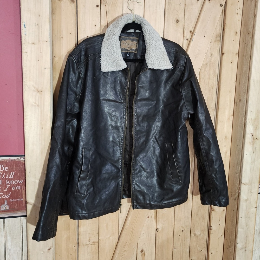 Arizona Jean Company Mens Black Faux Leather Sherpa Collar Bomber Jacket M y2k